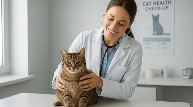 Veterinarian smiling while gently holding and examining a cat